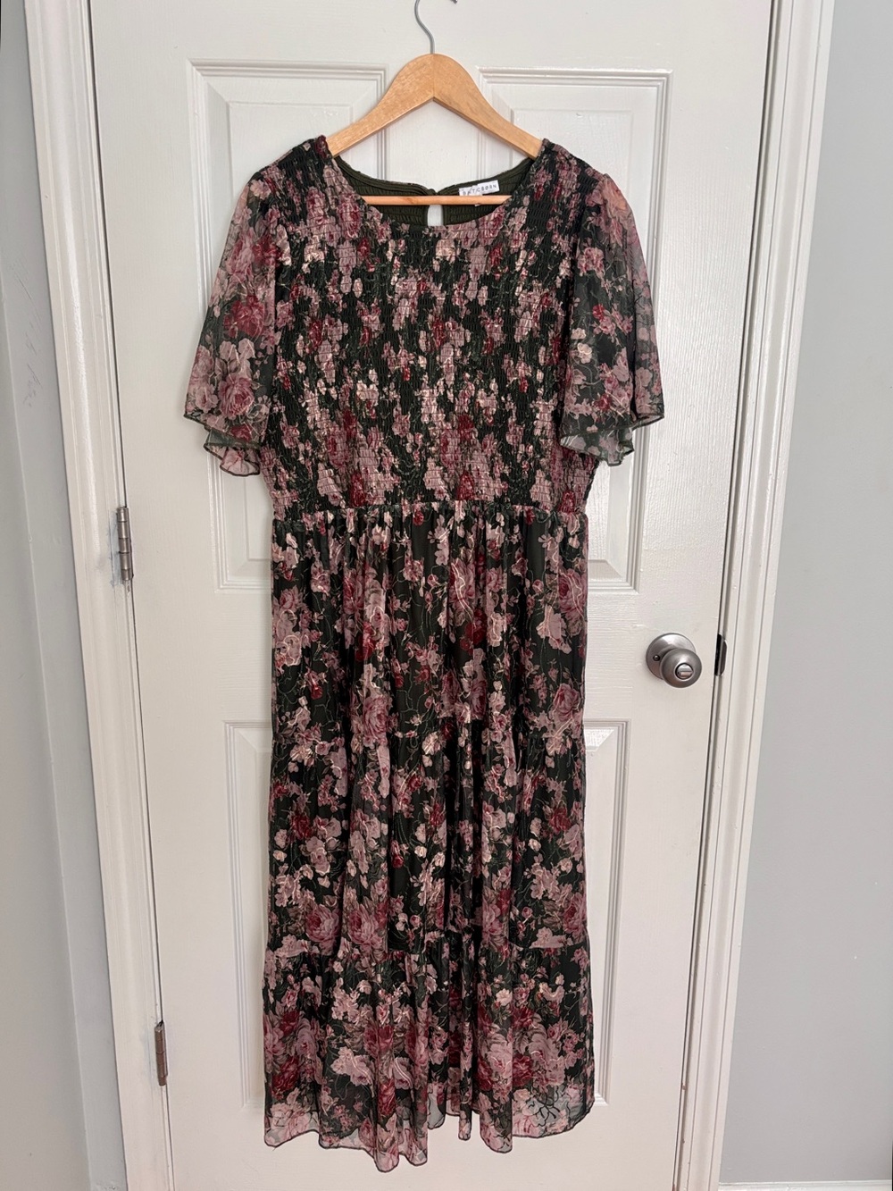 Baltic Born Embroidered Dark Green Floral Maxi Dress with Rose Print
